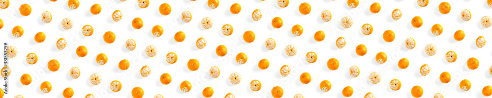 Isolated tangerine citrus collection background. Whole tangerines or mandarin orange fruits isolated on white background. Banner