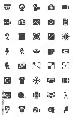 Photo and video vector icons set, modern solid symbol collection, filled style pictogram pack. Signs logo illustration. Set includes icons as Digital Cameras, Photography, Camcorders, Studio spotlight