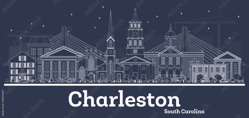 Outline Charleston South Carolina City Skyline with White Buildings.