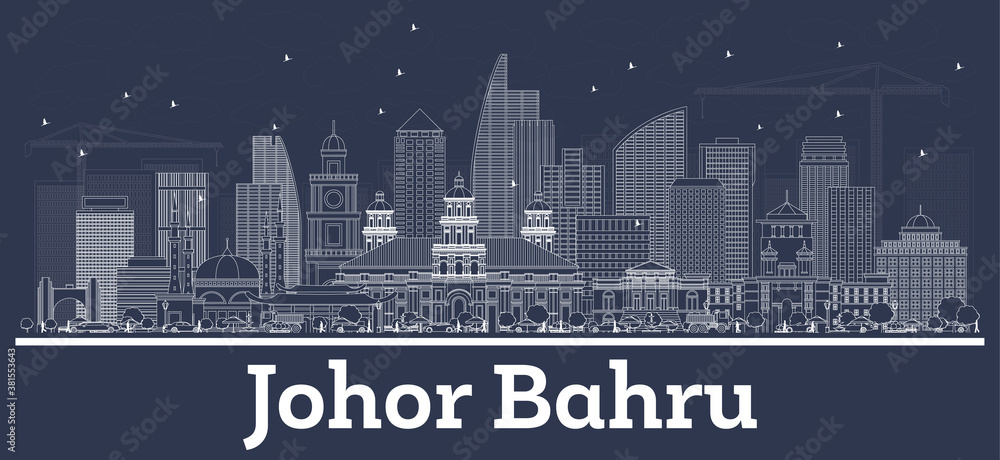 Outline Johor Bahru Malaysia City Skyline with White Buildings.