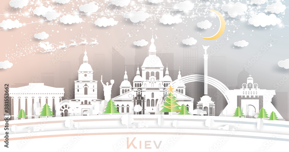 Kiev Ukraine City Skyline in Paper Cut Style with Snowflakes, Moon and Neon Garland.