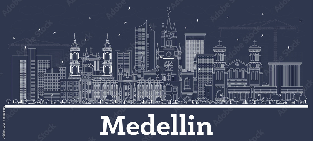 Outline Medellin Colombia City Skyline with White Buildings.