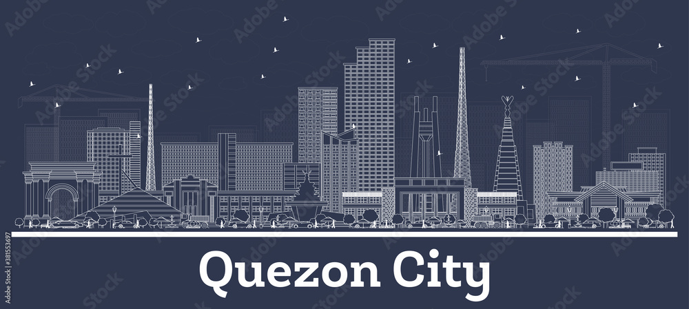 Outline Quezon City Philippines Skyline with White Buildings.