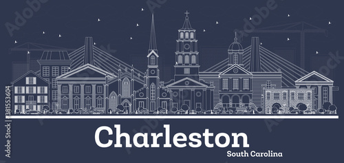 Outline Charleston South Carolina City Skyline with White Buildings.