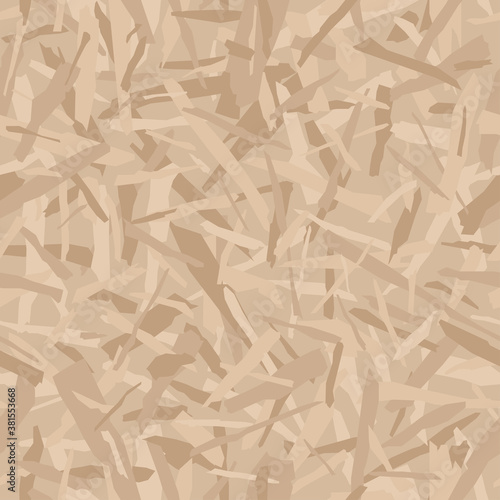 Oriented particle board (OSB wood texture). Lumber pattern. Sheet of plywood with fragments of compressed sawdust. Glued sliver vector seamless background.