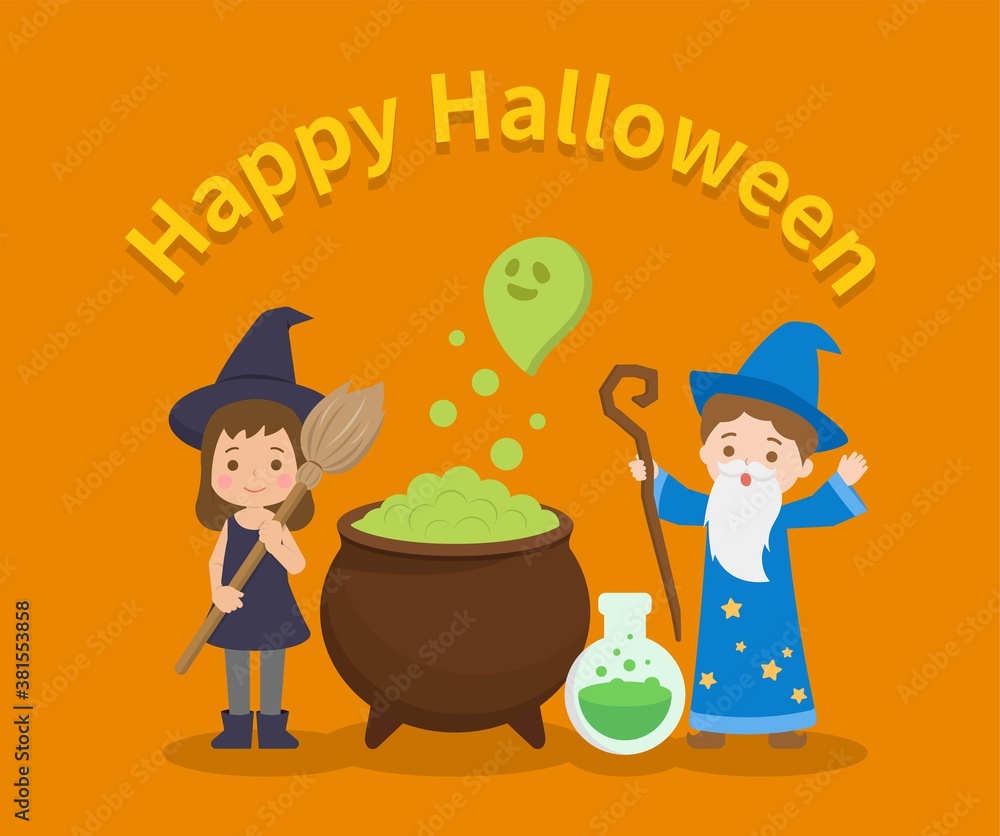 Cute children in Halloween costumes, witches and wizards, cartoon comic vector illustration Cute children in Halloween costumes, witches and wizards, cartoon comic vector illustration