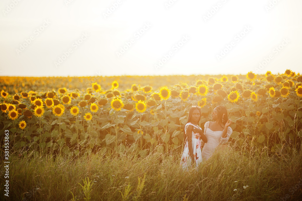 Two pretty young black friends woman wear summer dress pose in a sunflower field.