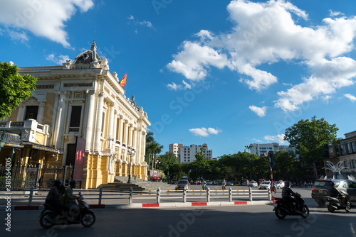 French built Opera House in Hanoi, with blue sky and white clouds