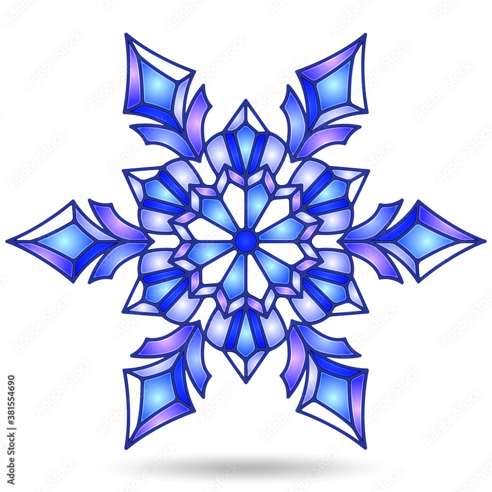 Illustration in the stained glass style with an openwork snowflake, isolated on a white background Illustration in the stained glass style with an openwork snowflake, isolated on a white background