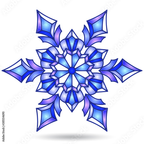 Illustration in the stained glass style with an openwork snowflake, isolated on a white background