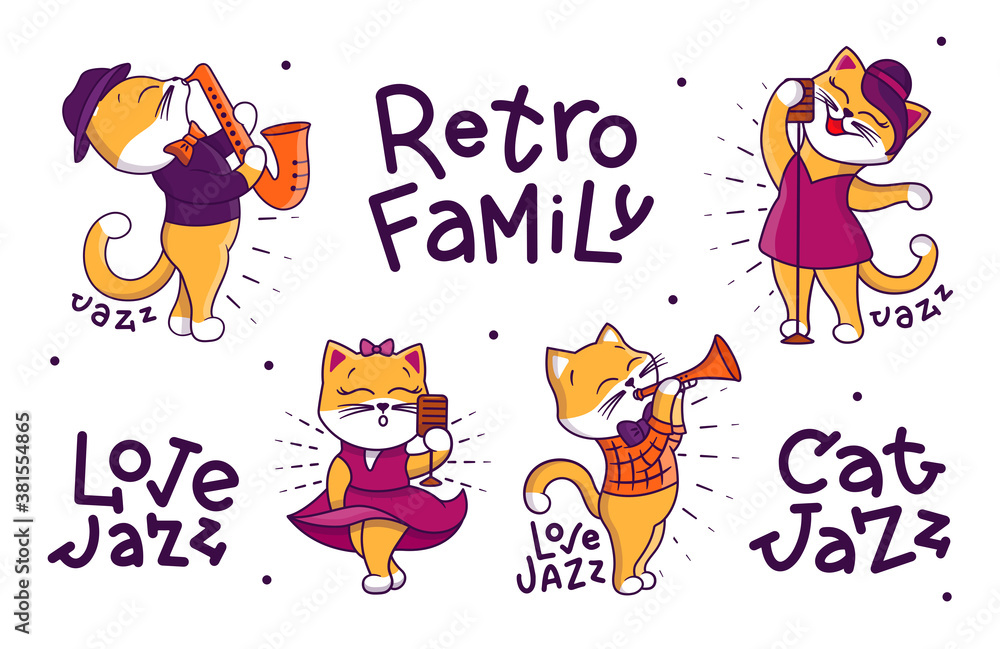 Fototapeta premium Collection of colorful Jazz cats. Whimsical characters with rays are playing jazz