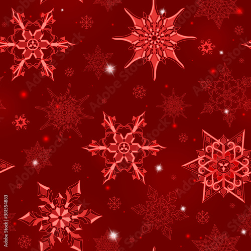 Seamless pattern on the theme of winter and winter holidays  the contour of the snowflake and flare  pink snowflakes on a red background