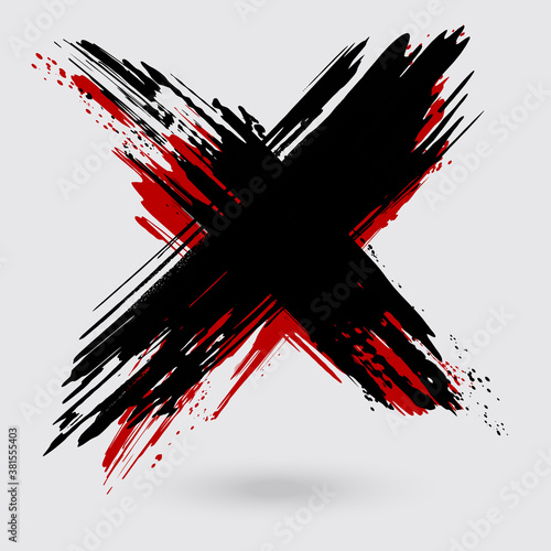 Black and red ink cross stroke on white background