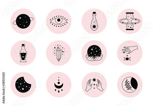 Boho story highlight covers. Social media magic minimal icons, bohemian hand drawn logo design. Simple vector illustration