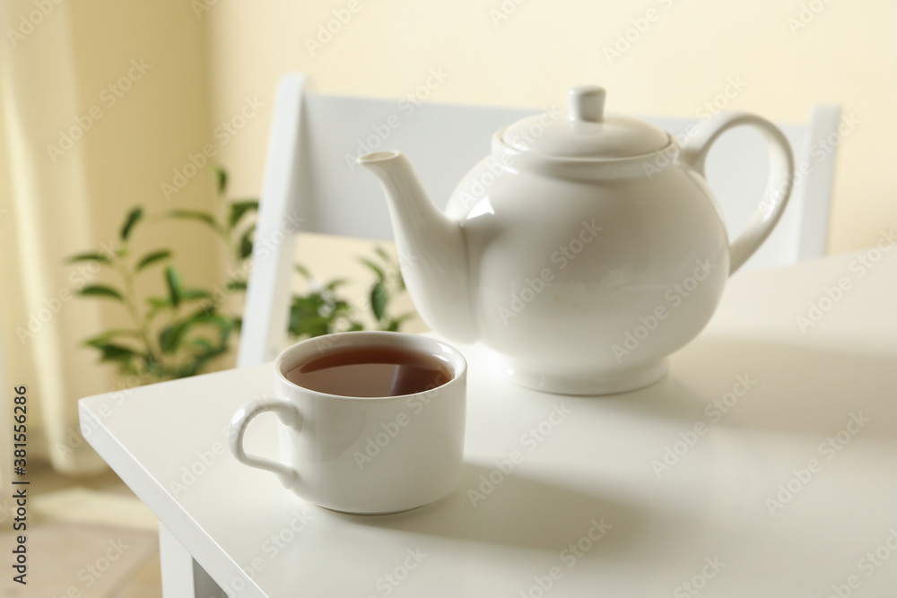 Fototapeta premium Concept of breakfast with tea on white table