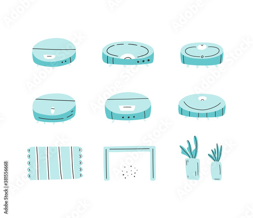 Set of different robot vacuum cleaners. With extra home elements like carpet, plants, table, dust and dirt. Vector, hand drawn flat style. 