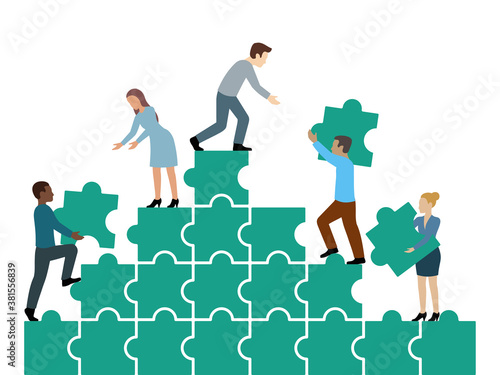 People collect puzzle - vector conceptual illustration of teamwork, co-working, cooperation and other public working purpose