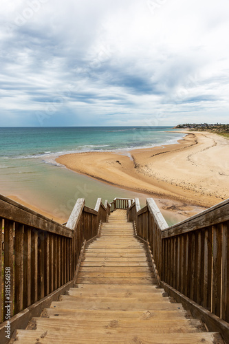 The iconic Southport staircase and boardwalk on an overcast day located in Port Noarlunga South Australia on September 29 2020