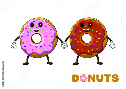 cartoon style vector illustration of two donuts holding hands