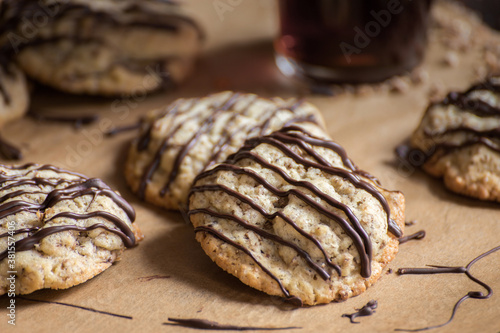 Chocolate oat cookies with drizzle