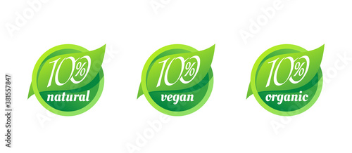 100 natural, 100 organic, 100 vegan stamp - tag for healthy food, vegetarian nutrition in modern circle shape - vector sticker set