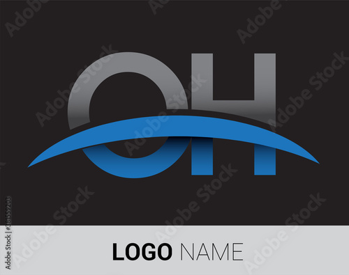 OH initial logo company name colored grey and blue swoosh design.