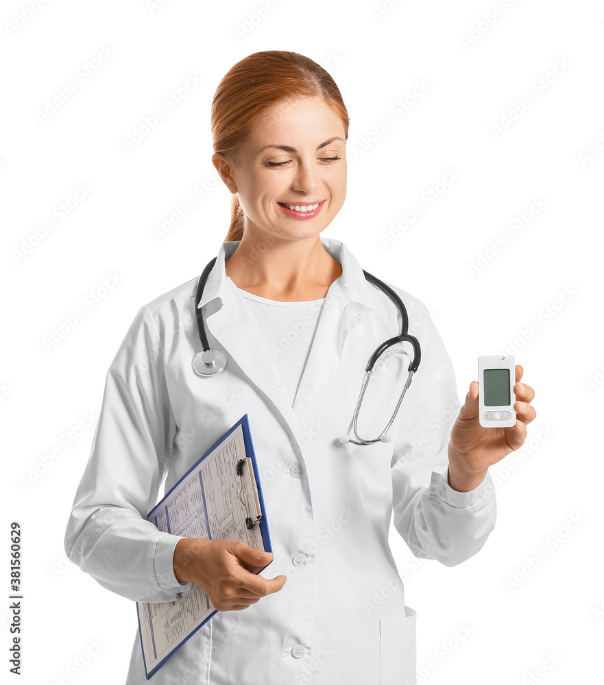 Doctor with digital glucometer on white background. Diabetes concept Doctor with digital glucometer on white background. Diabetes concept