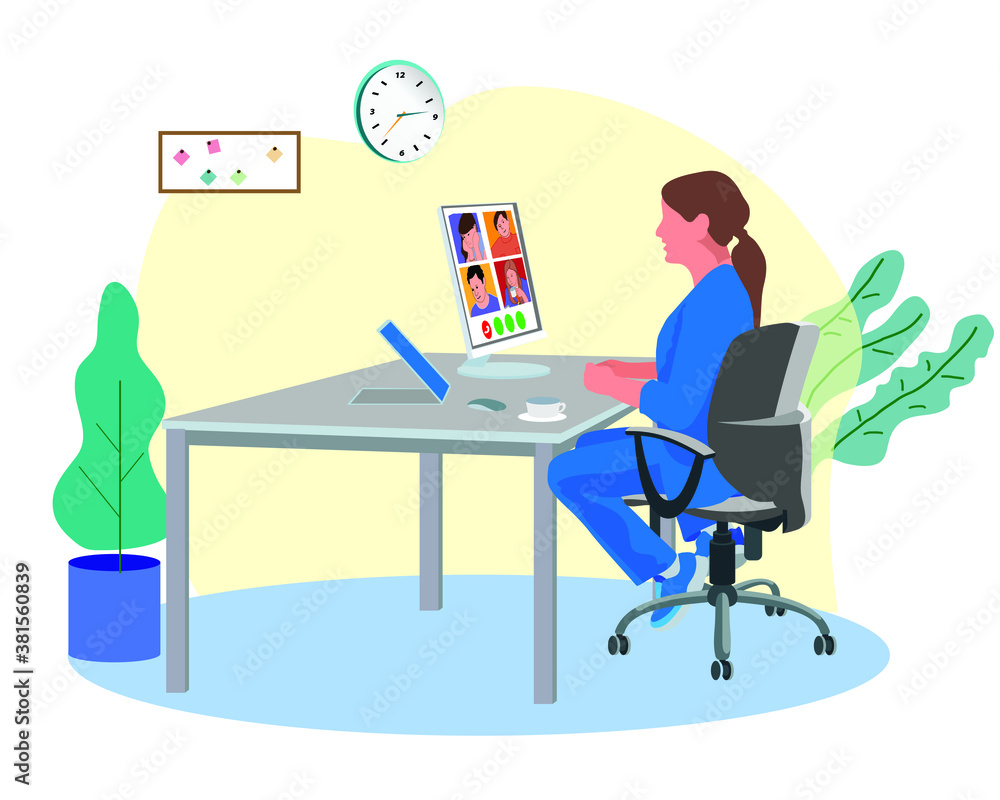 Fototapeta premium Girl at work. Stay at home concept. Distance work and training. Self-isolation, quarantine due to coronavirus