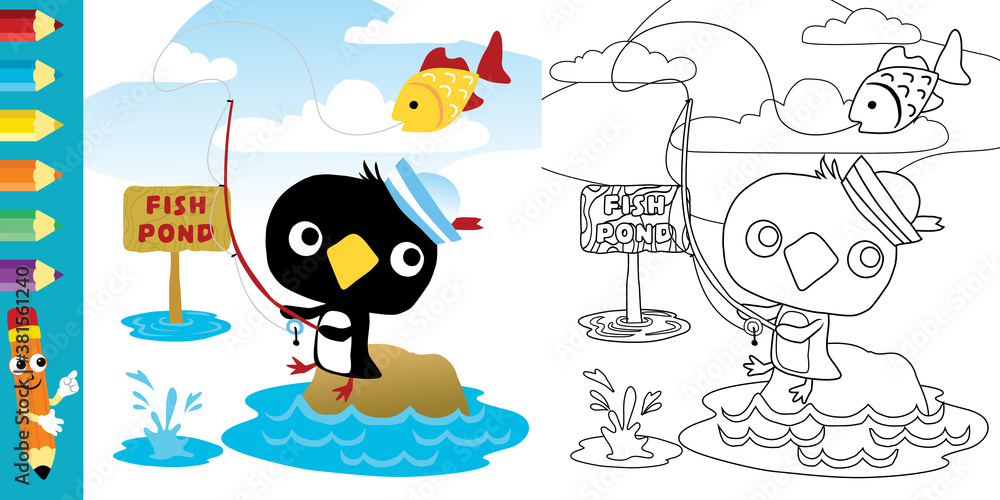 Fototapeta premium cute penguin cartoon fishing, coloring book or page