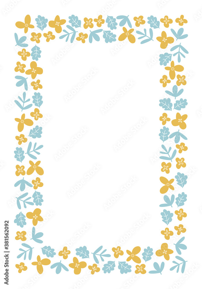 Vertical rectangular frame with flat flowers for party invitations, birthday cards. Simple floral shape template for text