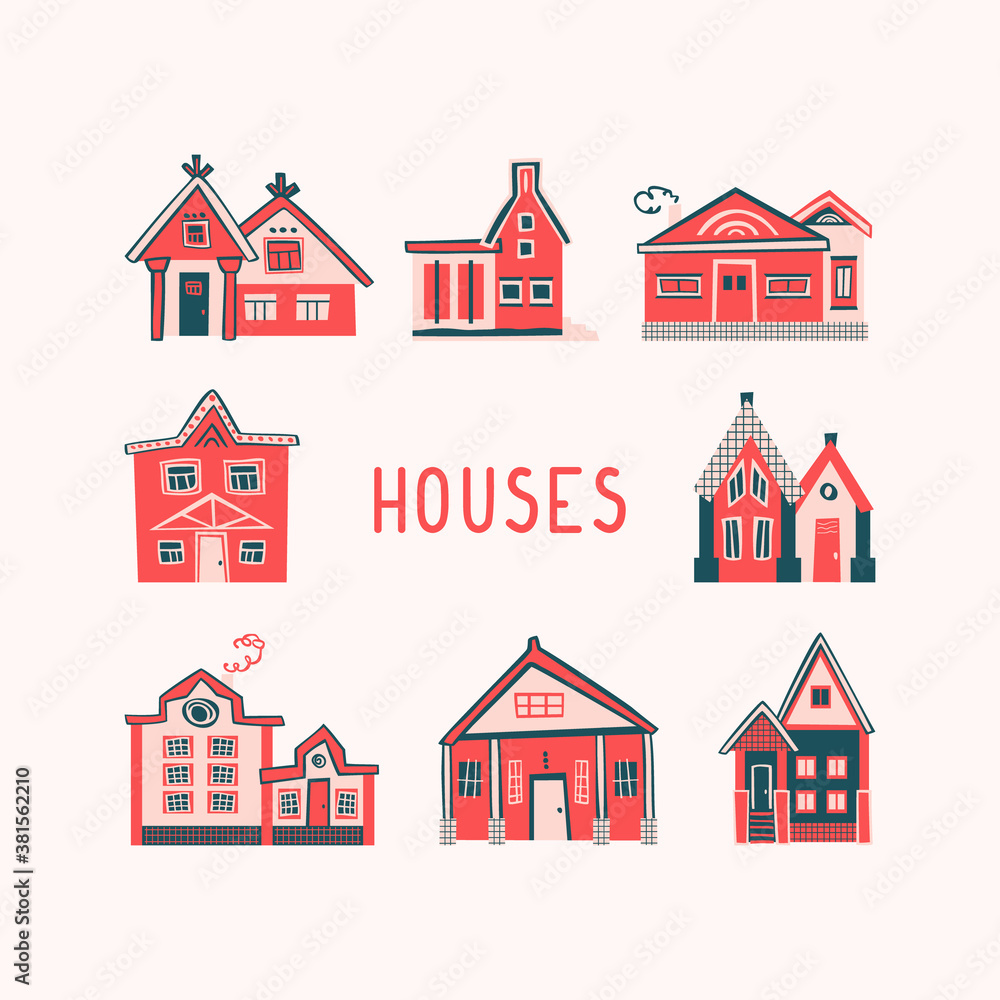 Set of hand drawn flat houses. Vector cartoon illustration with different buildings Set of hand drawn flat houses. Vector cartoon illustration with different buildings