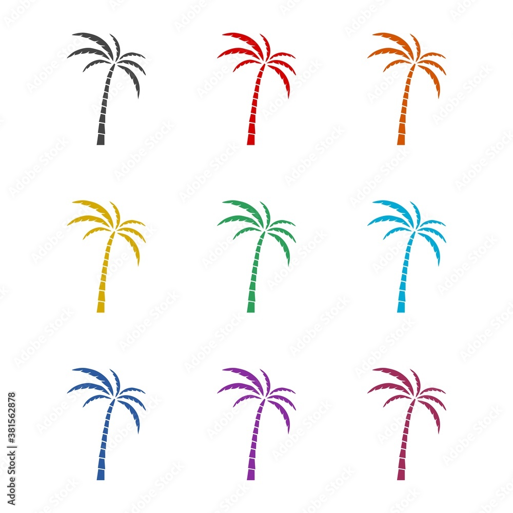 Simple palm tree icon, color set