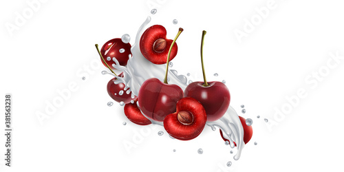 Cherries in splashes of milk or yogurt.