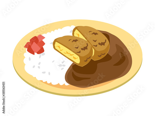 お皿に乗った日本風のカレーライス（コロッケのカレー）