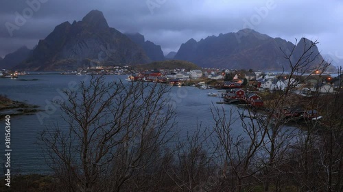 View Reine fishing village from viewpoint In the atmosphere near the evening in winter, Lofoten islands, Norway