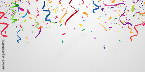 confetti and colorful ribbons. Celebration background template with