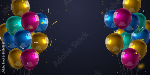 balloons Colorful celebration frame background. gold confetti glitters for event and holiday poster.