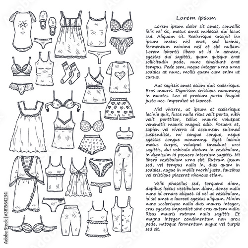 Illustration with cute hand drawn lingerie, pajamas and bathrobes. Collection of clothes for sleeping and relaxing. Vector magazine illustration