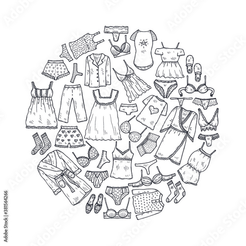 Round composition with cute hand drawn lingerie, pajamas and bathrobes. Collection of clothes for sleeping and relaxing. Vector illustration