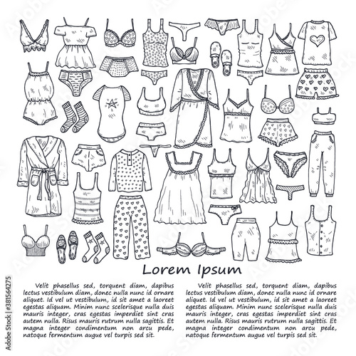 Illustration with cute hand drawn lingerie, pajamas and bathrobes. Collection of clothes for sleeping and relaxing. Vector magazine illustration