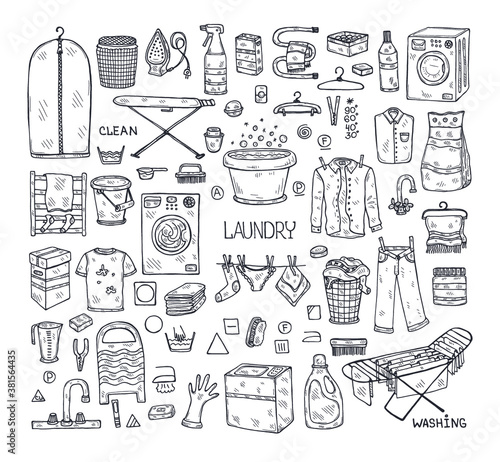 Big set of hand drawn laundry icons.Collection of sketched objects.  Home laundry service. Accessories for washing and drying clothes