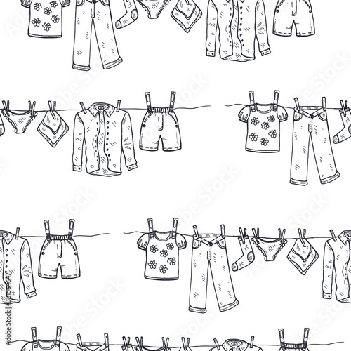 Seamless pattern with hand drawn clothes. Collection of sketched objects.  Home laundry service.  dried clothes