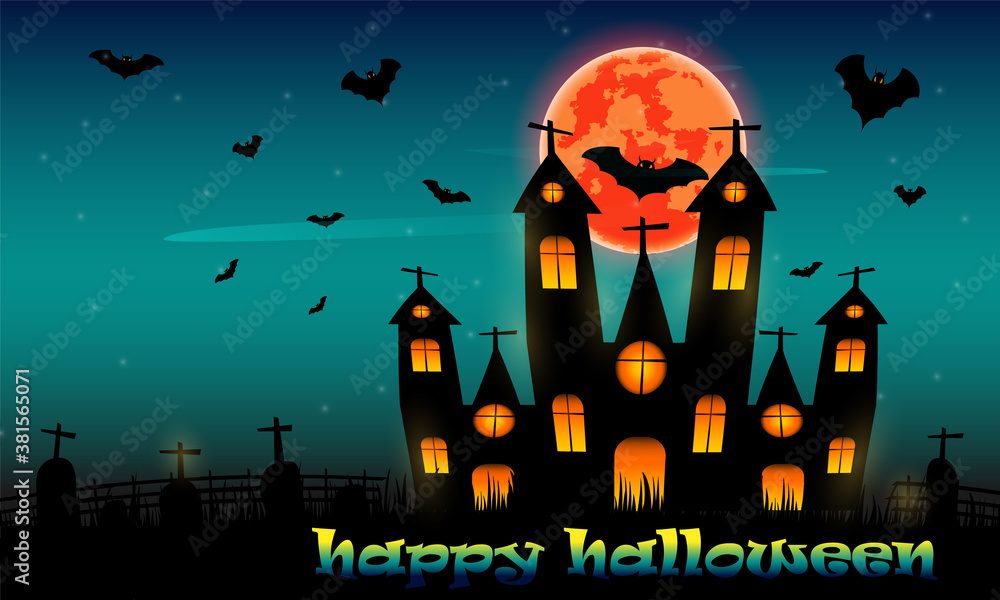 Happy Halloween Fullmoon Banner card design , grave , cross, fence,grass, Haunted House, witch tree  and Bats.vector illustration orange scene background
