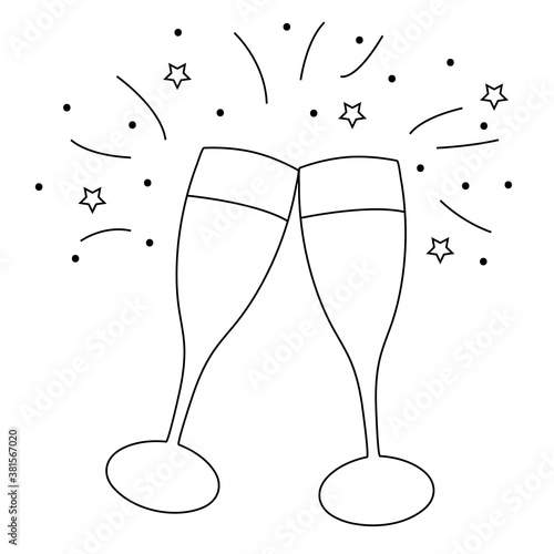 Two Champagne glasses toasting celebration - black and white simple outline vector hand drawn.