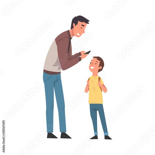 Father and His Son, Young Man Calling Taxi Car or Using Mobile Taxi Call Application Vector Illustration © topvectors