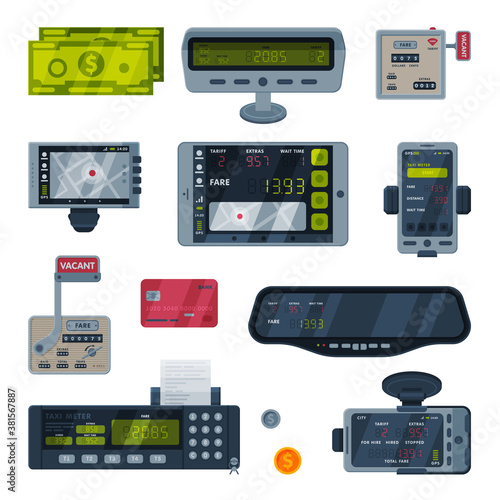 Taximeter Devices Set, Taxi Service Calculating Equipment, Electronic Measurement Appliances for Passenger Fare in Taxicab Vector Illustration