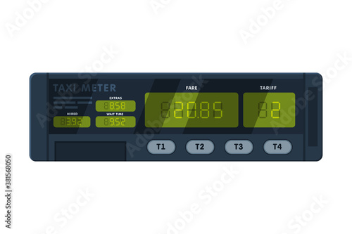Taximeter Device, Calculating Equipment for Taxicab, Measurement Appliance with Buttons and Screen Vector Illustration on White Background