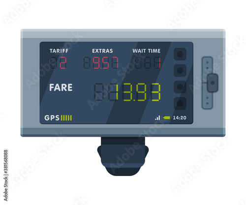 Modern Taximeter Device, Electronic Measurement Appliance for Passenger Fare in Taxi Car Vector Illustration on White Background