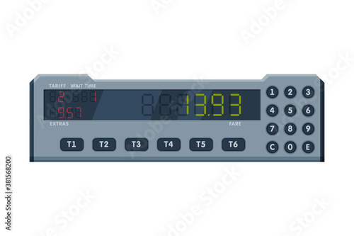 Taximeter Device, Calculating Equipment for Passenger Fare in Taxi Car, Measurement Appliance with Buttons and Screen Vector Illustration