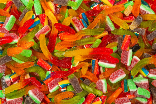 Assorted gummy candies. Top view. Jelly sweets background.